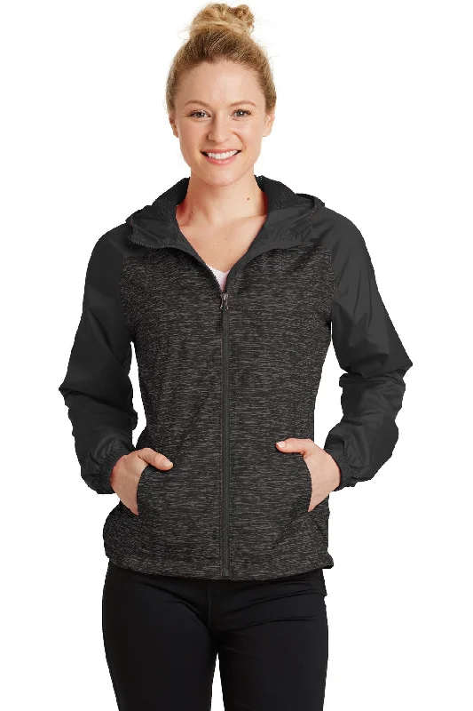 Women's Functional Outfit For Outdoor Activities Sport-Tek Ladies Heather Colorblock Raglan Hooded Wind Jacket. LST40