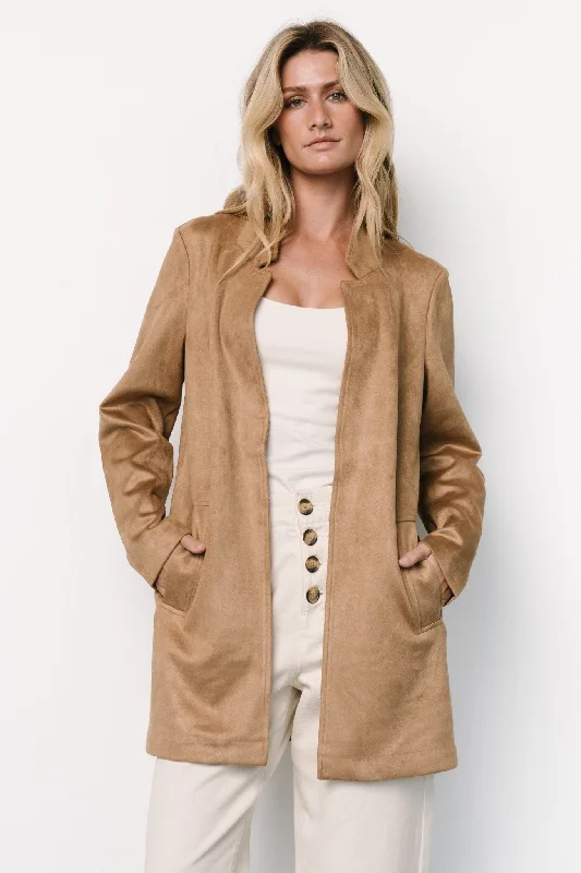 Charming Women's Holiday Apparel Queenie Faux Suede Jacket | Camel