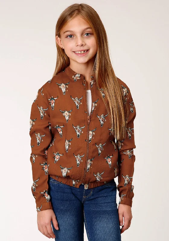 Flash Sale On Fashion – Act Fast Roper Girls Kids Brown Rayon/Nylon Cowskulls Bomber Jacket