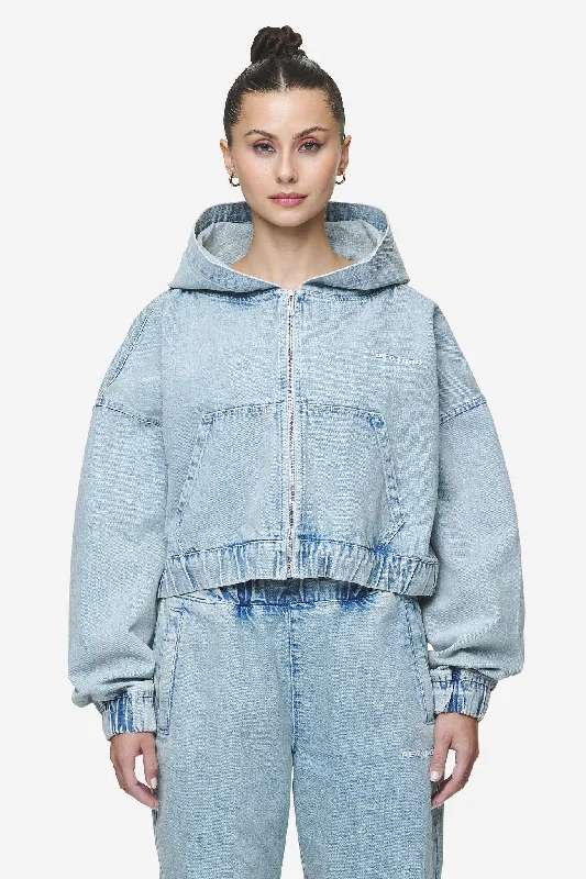 Women's Stylish Outdoor Outfit Zona Cropped Denim Zip Jacket Washed Pale Blue