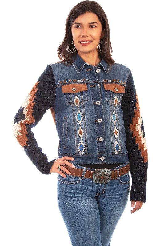 Casual Clothing For Women Scully Womens Denim Cotton Blend Aztec Embroidered Jacket