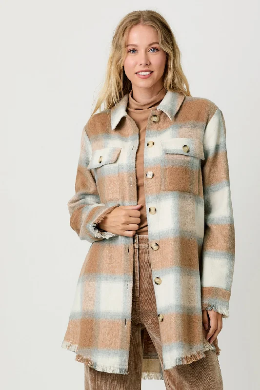 Women's High-Fashion Outfit "Kostal Konnection" Fringe Long Plaid Jacket - Latte