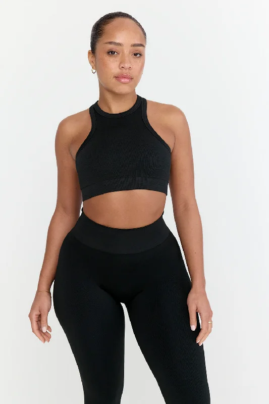 Women's Evening Outfit Retro Style Promotions SCULPT SEAMLESS RIBBED RACER SPORTS BRA - BLACK MARL