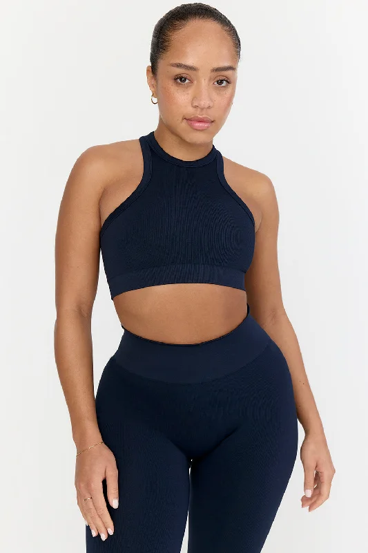 Women's Vintage Attire Flash Sale Fever SCULPT SEAMLESS RIBBED RACER SPORTS BRA - NAVY MARL