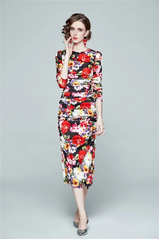 Women's Evening Clothing Limited Time Deal Black & Floral print Day Fitted Crewneck Bracelet Midi Dress