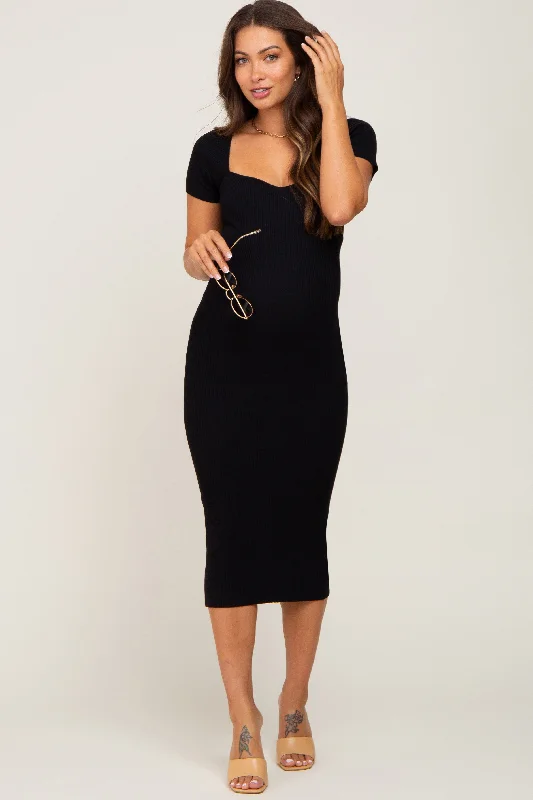 Women's Vintage Attire Hot Picks Black Ribbed Maternity Midi Dress