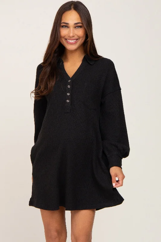 Women's Formal Clothes Luxury Fashion Discounts Black Waffle Knit Collared Long Sleeve Maternity Dress