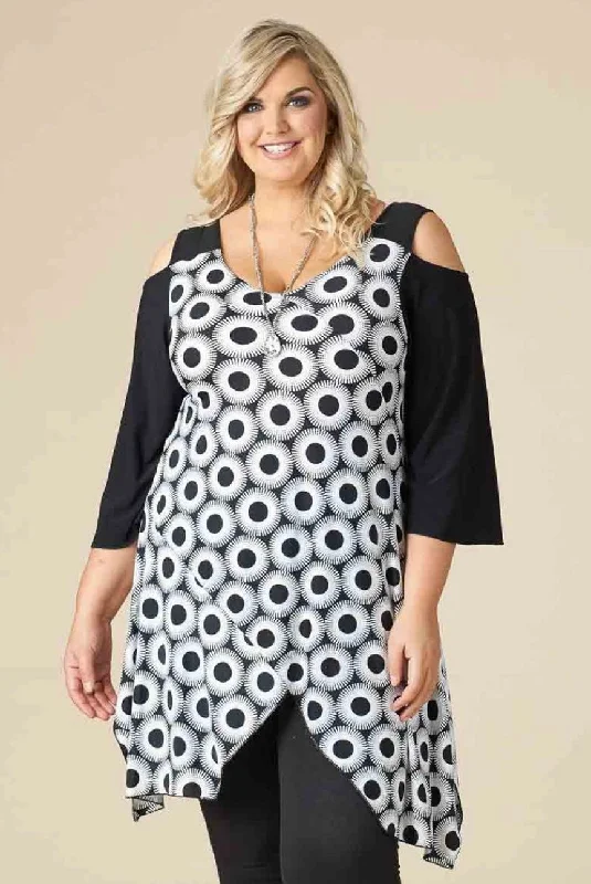 Women's Professional Outfit Exclusive Designer Style Deals Black & White Circle Cold Shoulder Tunic