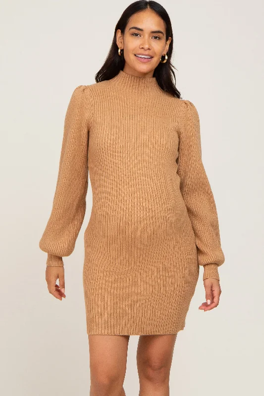 Comfortable Outfit For Women Trendy Looks On Sale Camel Mock Neck Puff Sleeve Maternity Sweater Dress