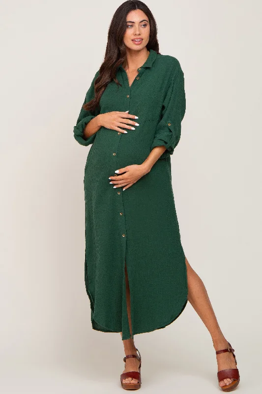 Women's Party Clothes Street Style Discounts Forest Green Button Down 3/4 Sleeve Maternity Midi Dress