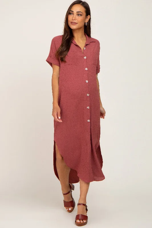 Women's Active Clothing Contemporary Casual Deals Rust Button Down Hi Low Maternity Maxi Dress