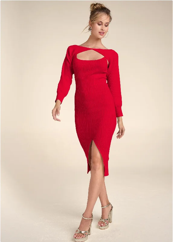 Chic Clothes For Women Trendy Looks On Sale Sweater Dress With Shrug - Red