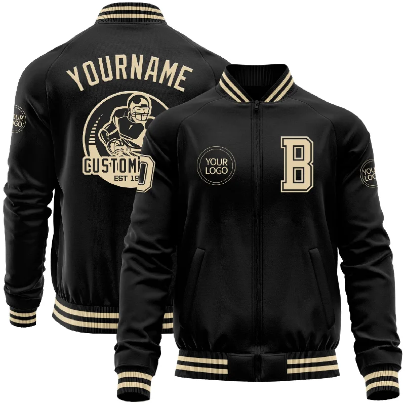 Sleek And Comfortable Unisex Wear New In This Season Custom Black Cream Bomber Varsity Letterman Zipper Jacket