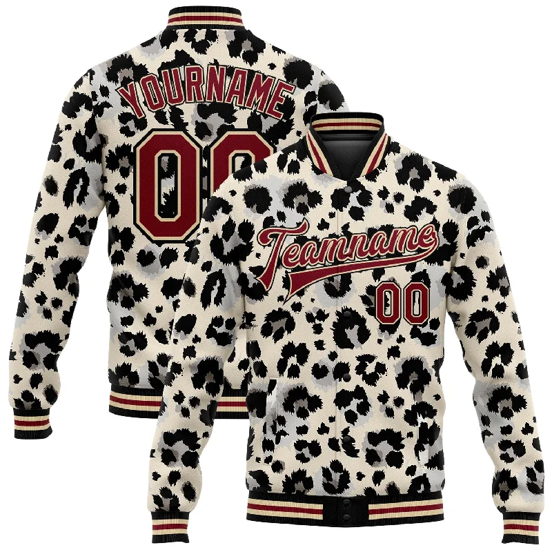 Modern Unisex Clothing For Any Occasion Unleash Your Trend Driven Style Custom City Cream Crimson-Black Leopard Print 3D Pattern Design Bomber Full-Snap Varsity Letterman Jacket