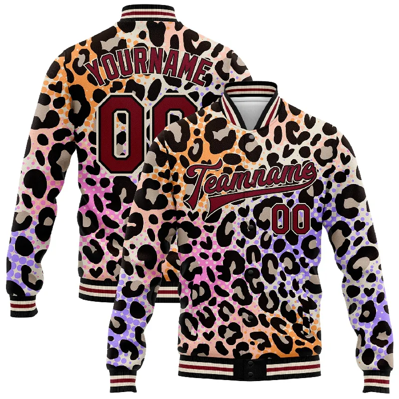 Fashion-Forward Unisex Apparel Step Ahead, Lead The Trend Custom City Cream Crimson-Black Leopard Print 3D Pattern Design Bomber Full-Snap Varsity Letterman Jacket