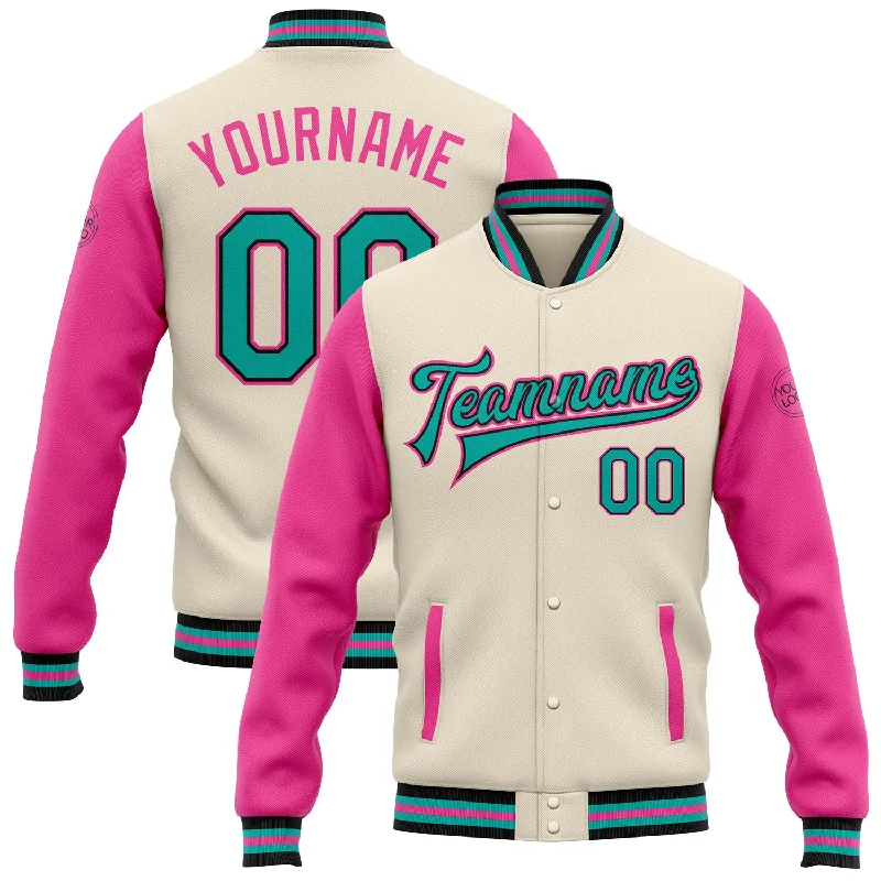 Gender-Neutral Fashion For Everyday Style Day-To-Night Styles Custom Cream Aqua Black-Pink Bomber Full-Snap Varsity Letterman Two Tone Jacket