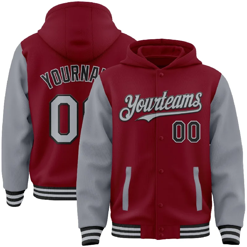 High-Quality Unisex Fashion Basics Best Deals Of The Season Custom Crimson Gray-Black Bomber Full-Snap Varsity Letterman Two Tone Hoodie Jacket