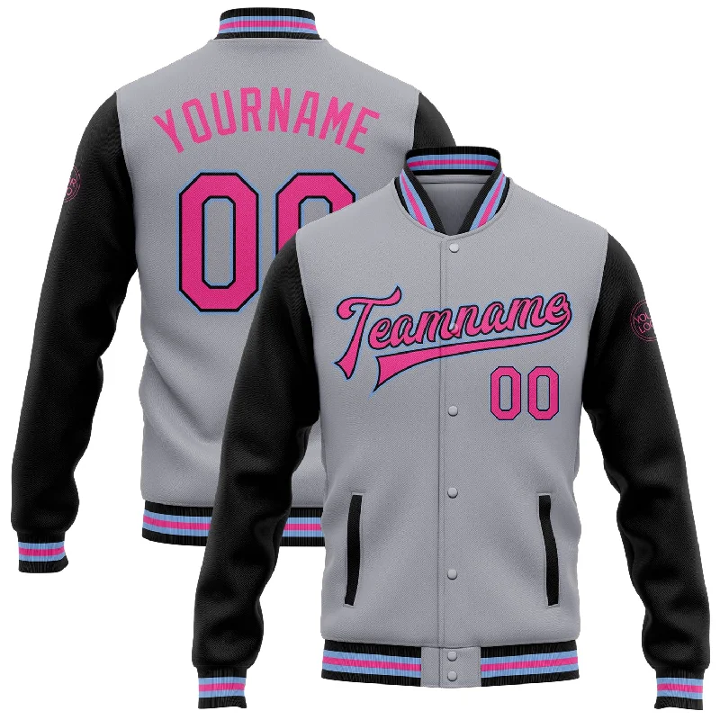 Classic And Timeless Unisex Style Unleash Your Fashion Custom Gray Pink Black-Light Blue Bomber Full-Snap Varsity Letterman Two Tone Jacket