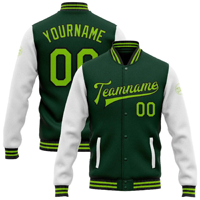 Bold And Trendy Gender-Neutral Outfits Bold Fashion Sales Custom Green Neon Green-Black Bomber Full-Snap Varsity Letterman Two Tone Jacket