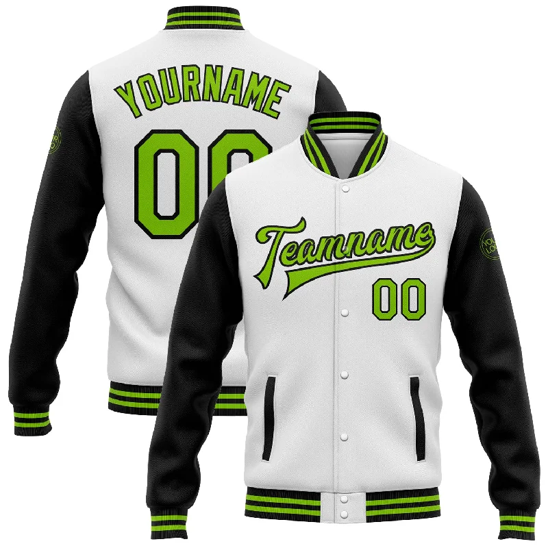 Classic And Timeless Gender-Neutral Fashion Limited Stock Custom White Neon Green-Black Bomber Full-Snap Varsity Letterman Two Tone Jacket