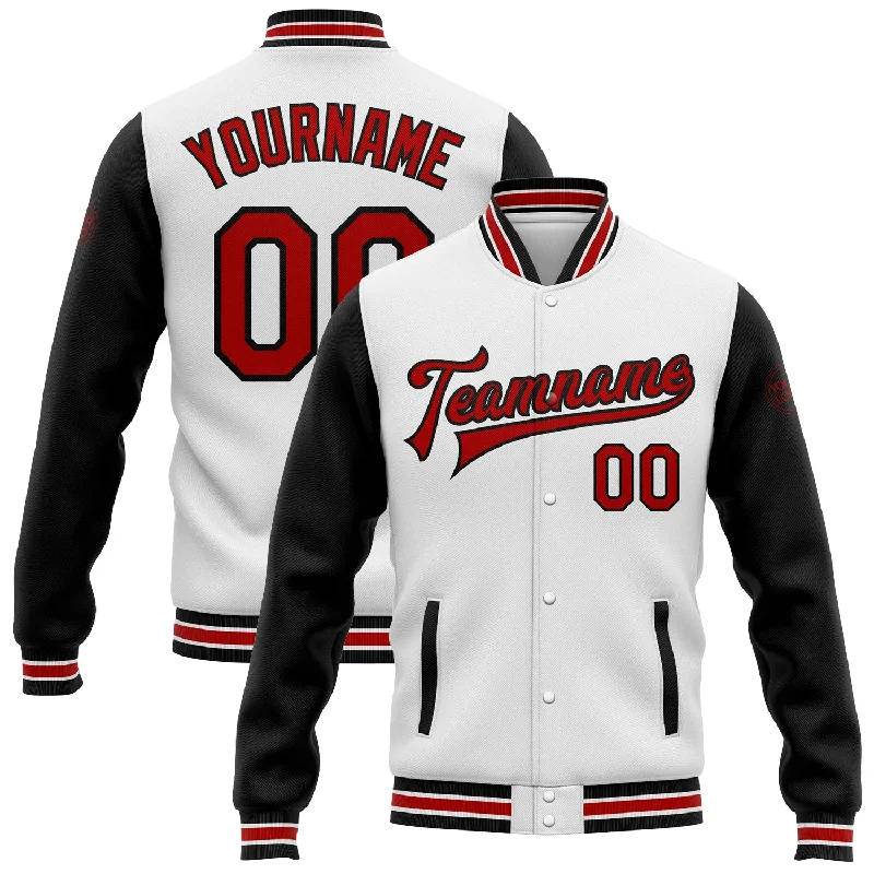 Modern Unisex Streetwear Outfits Discover Promotions Custom White Red-Black Bomber Full-Snap Varsity Letterman Two Tone Jacket