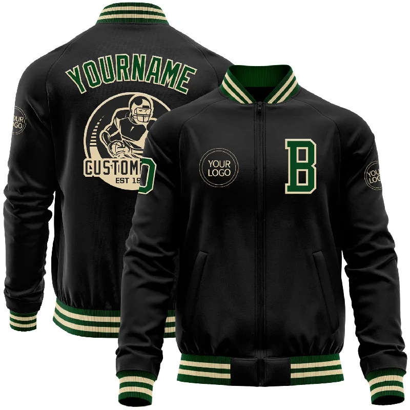 Classic And Timeless Unisex Style Top Brand Discounts Custom Black Green-Cream Bomber Varsity Letterman Zipper Jacket