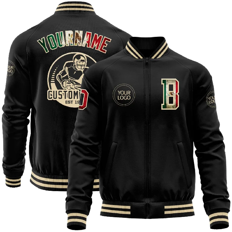 Urban-Inspired Unisex Fashion Trends Low Price Special Custom Black Vintage Mexican Flag-Cream Bomber Varsity Letterman Zipper Jacket