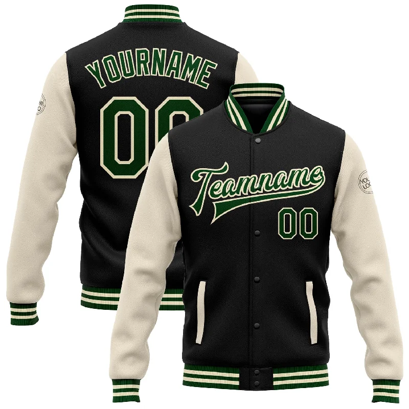 Versatile Gender-Free Wardrobe Essentials Limited Edition Custom Black Green-Cream Bomber Full-Snap Varsity Letterman Two Tone Jacket