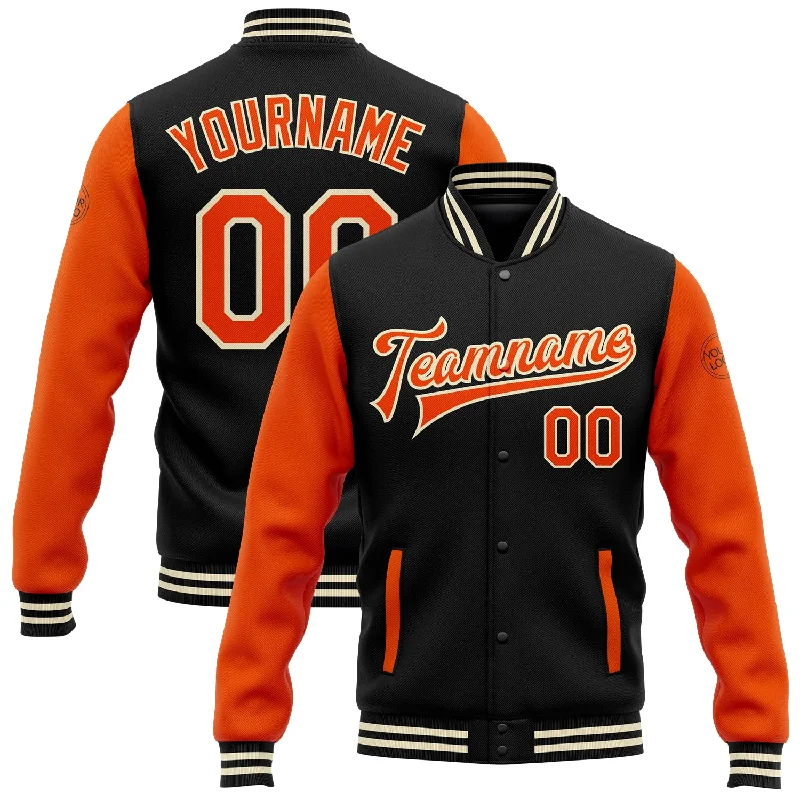 Urban-Inspired Unisex Fashion Trends Buy More, Save More Custom Black Orange-Cream Bomber Full-Snap Varsity Letterman Two Tone Jacket