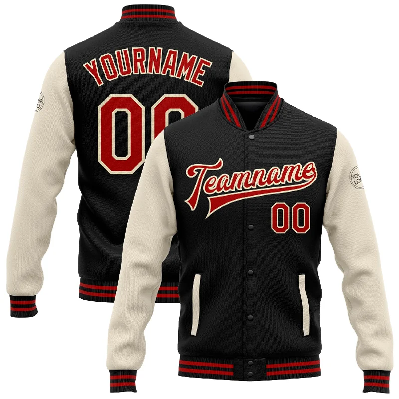 Urban Unisex Fashion Outfits Hot Items Custom Black Red-Cream Bomber Full-Snap Varsity Letterman Two Tone Jacket