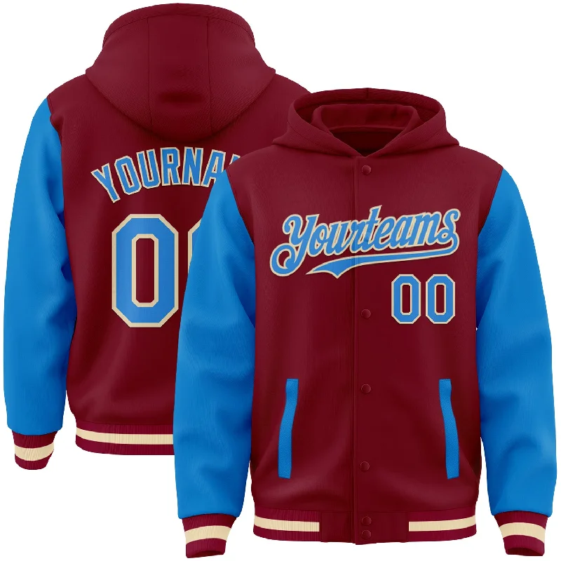 Minimalist Unisex Fashion Essentials Swimwear Summer Blowout Custom Crimson Powder Blue Cream-Maroon Bomber Full-Snap Varsity Letterman Two Tone Hoodie Jacket