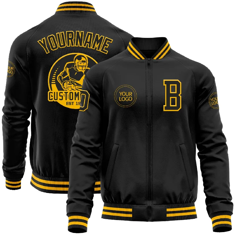 High-Quality Unisex Basics For All Occasions Relaxed Style Deals Custom Black Gold Bomber Varsity Letterman Zipper Jacket