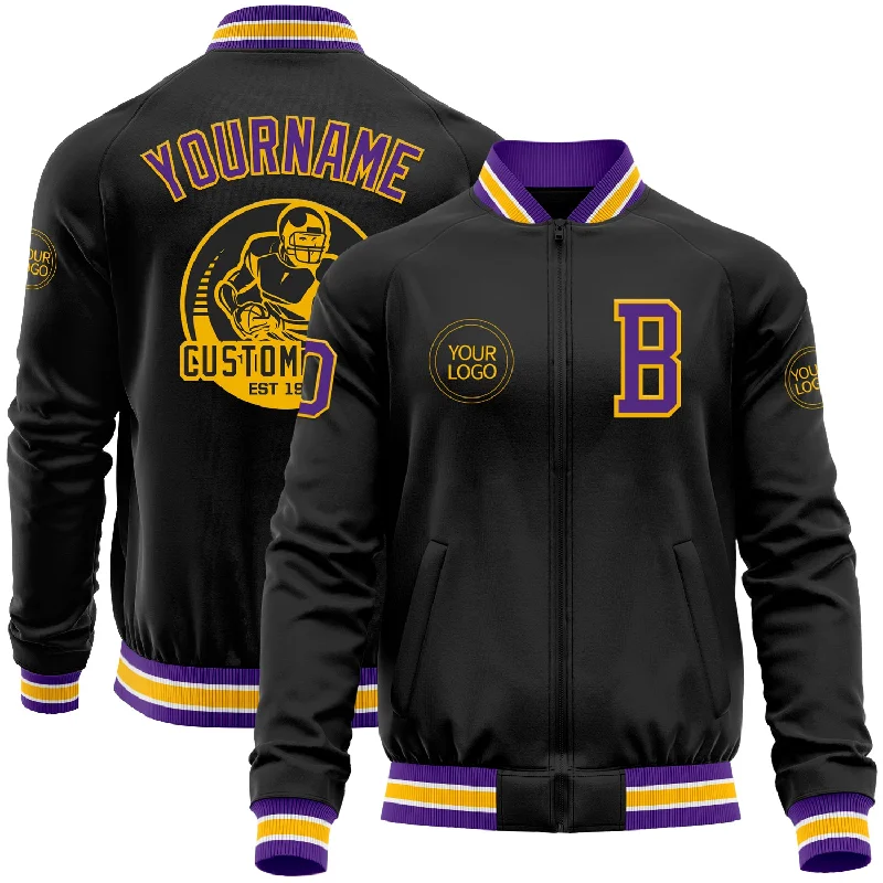 Everyday Wear For Men And Women Season Offer Custom Black Purple-Gold Bomber Varsity Letterman Zipper Jacket