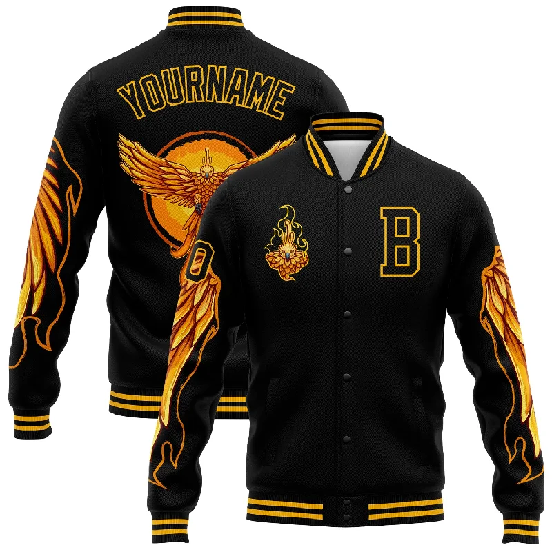 Casual Yet Sophisticated Unisex Fashion Cozy Chic Promotions Custom Black Gold Fire Phoenix 3D Pattern Design Bomber Full-Snap Varsity Letterman Jacket