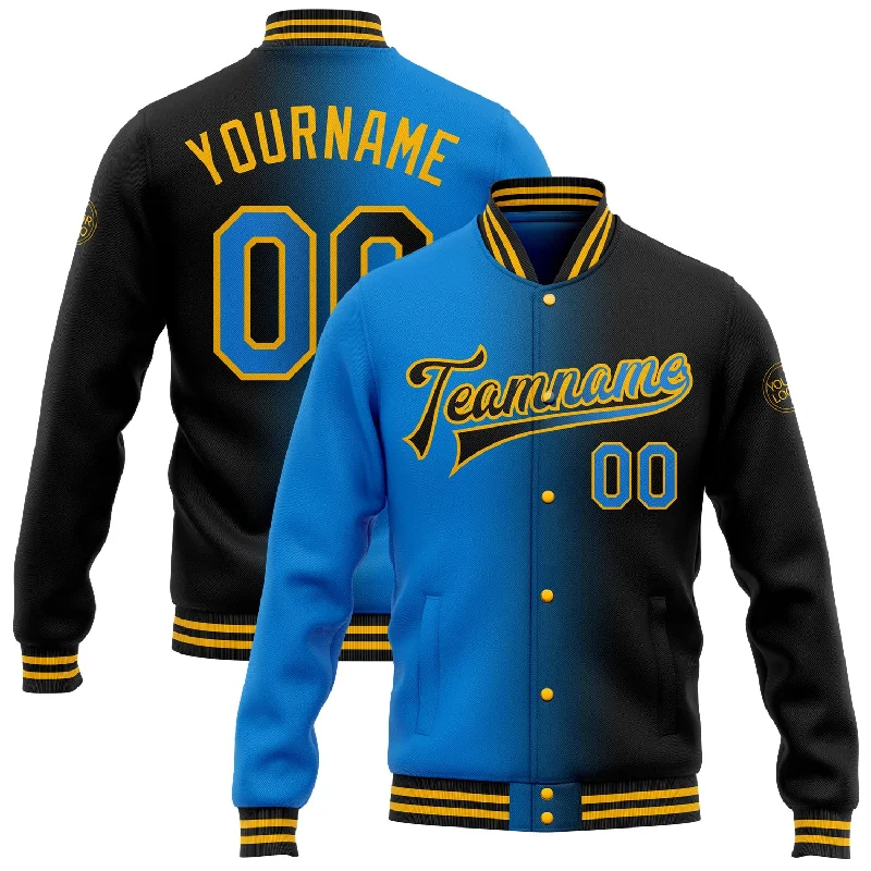 Chic And Casual Unisex Fashion Trends Flirty Fashion Discounts Custom Black Powder Blue-Gold Bomber Full-Snap Varsity Letterman Gradient Fashion Jacket