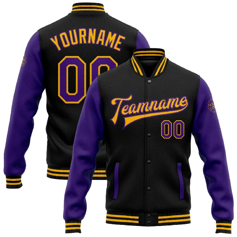 Versatile Unisex Layering Pieces Discount Extravaganza Custom Black Purple-Gold Bomber Full-Snap Varsity Letterman Two Tone Jacket