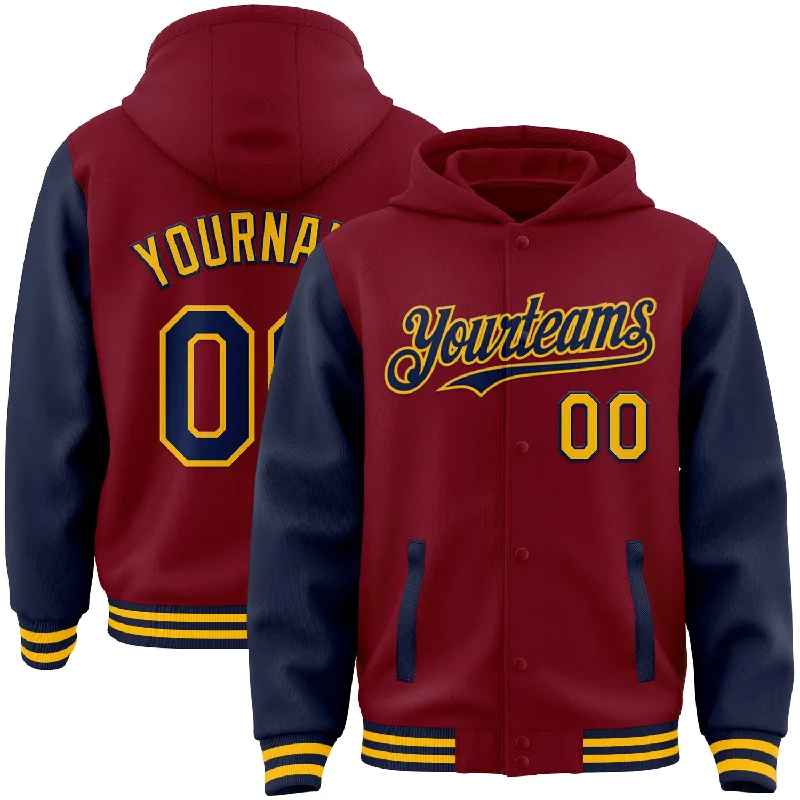 Functional And Stylish Unisex Wear Find Your Unique Flair Custom Crimson Navy-Gold Bomber Full-Snap Varsity Letterman Two Tone Hoodie Jacket