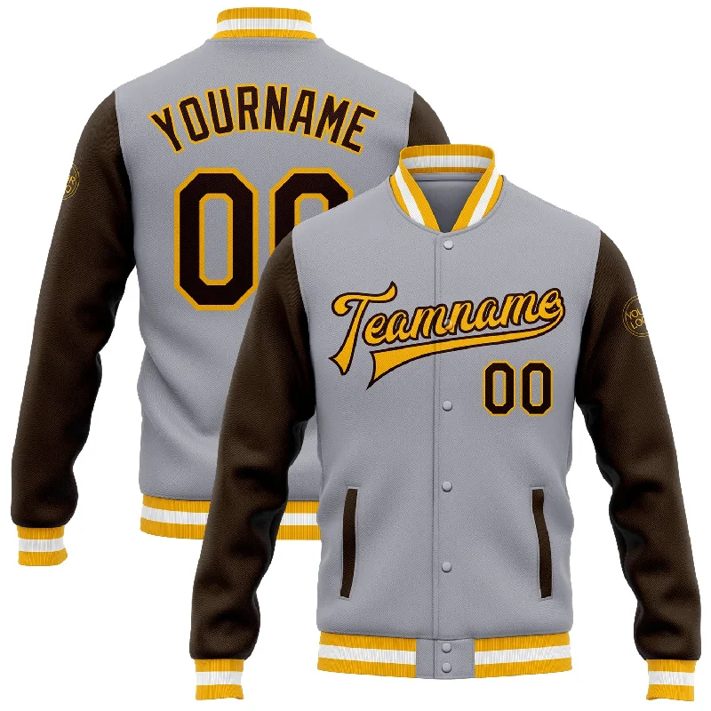 Classic And Timeless Gender-Neutral Fashion Embrace New Fashion Custom Gray Brown-Gold Bomber Full-Snap Varsity Letterman Two Tone Jacket