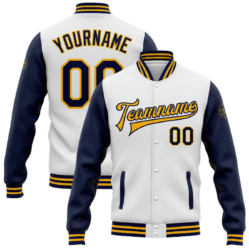 Gender-Neutral Clothing Styles Premium Style Offers Custom White Navy-Gold Bomber Full-Snap Varsity Letterman Two Tone Jacket