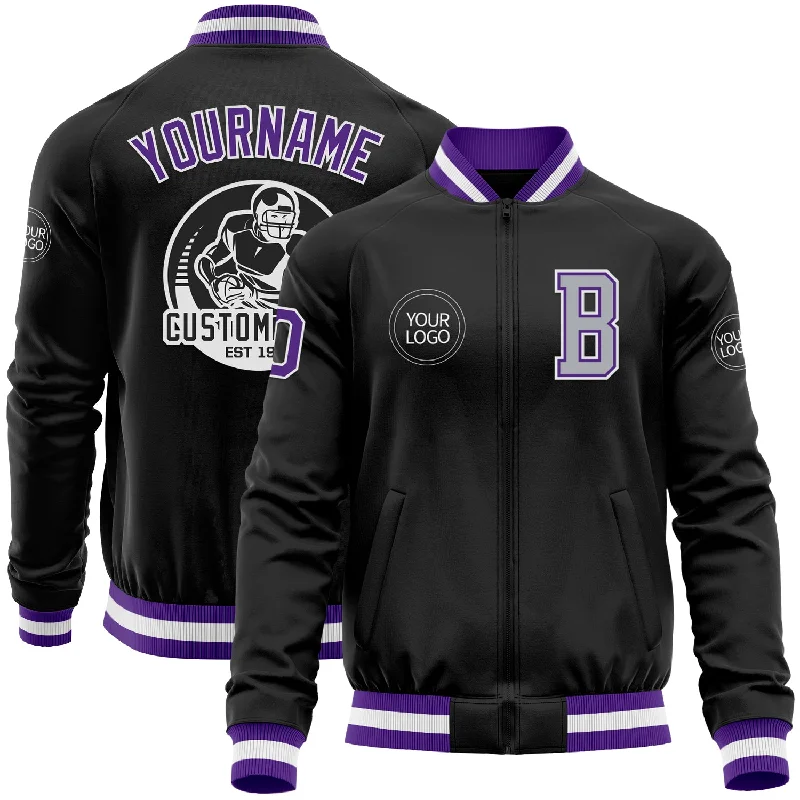 Versatile Gender-Free Wardrobe Essentials Limited Time Flash Sale Custom Black Purple-Gray Bomber Varsity Letterman Zipper Jacket