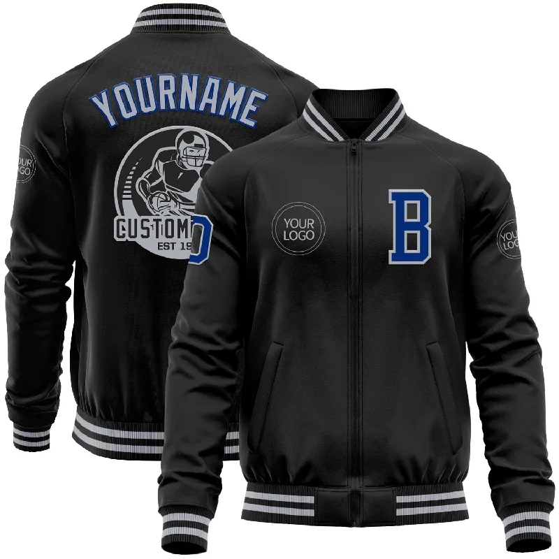 Versatile Clothing For All Genders Sophisticated Fashion Custom Black Royal-Gray Bomber Varsity Letterman Zipper Jacket