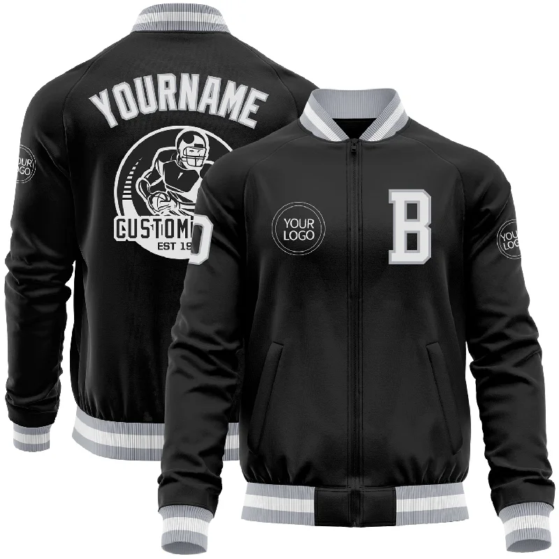 Sleek And Comfortable Unisex Wear Essentials On Sale Custom Black White-Gray Bomber Varsity Letterman Zipper Jacket