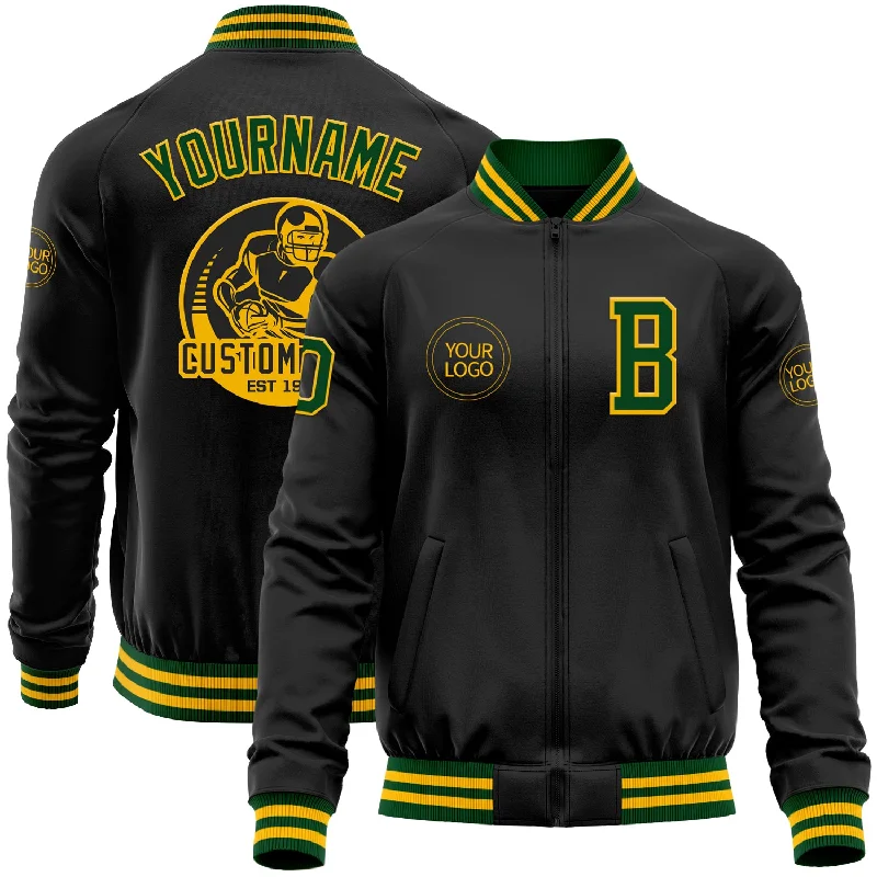 Versatile Unisex Layering Pieces Style Revolution Custom Black Gold-Green Bomber Varsity Letterman Zipper Jacket