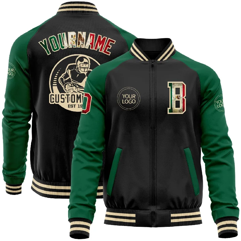 Comfortable Gender-Free Fashion Choices Hurry Before It'S Gone Custom Black Vintage Mexican Flag Kelly Green-Cream Bomber Varsity Letterman Two Tone Zipper Jacket