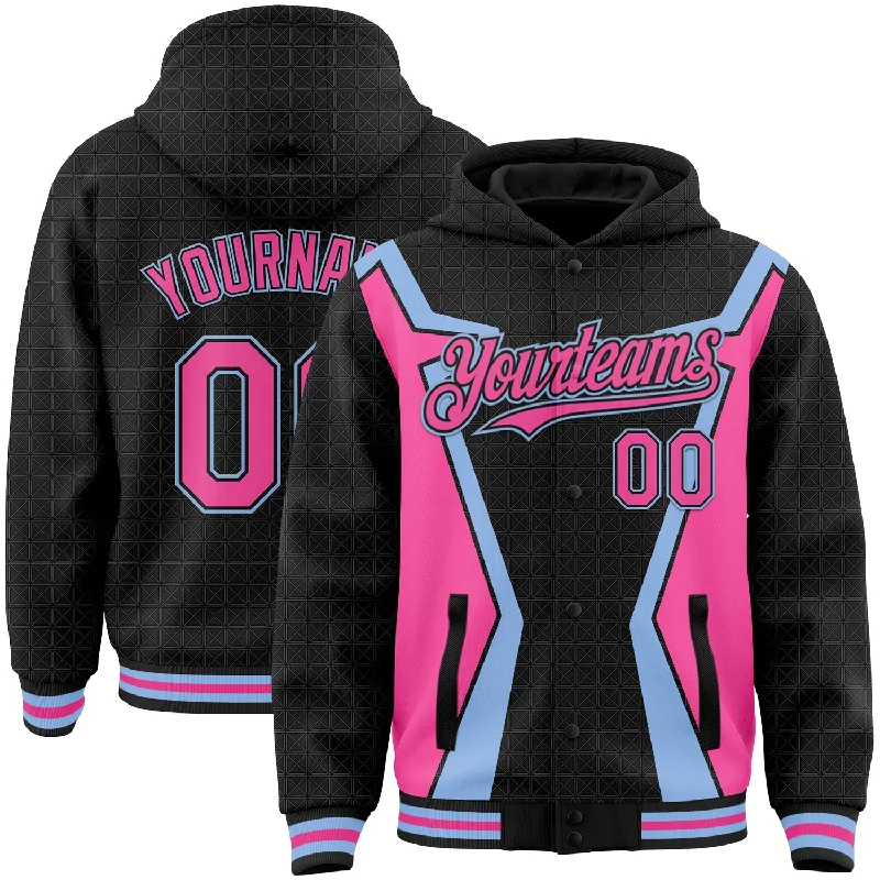 Bold And Trendy Gender-Neutral Outfits Fashion Forward Custom Black Pink-Light Blue Arrow 3D Pattern Design Bomber Full-Snap Varsity Letterman Hoodie Jacket