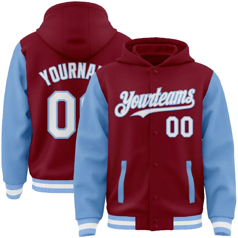 Sustainable And Ethical Unisex Clothing New Styles Just In Custom Crimson White-Light Blue Bomber Full-Snap Varsity Letterman Two Tone Hoodie Jacket