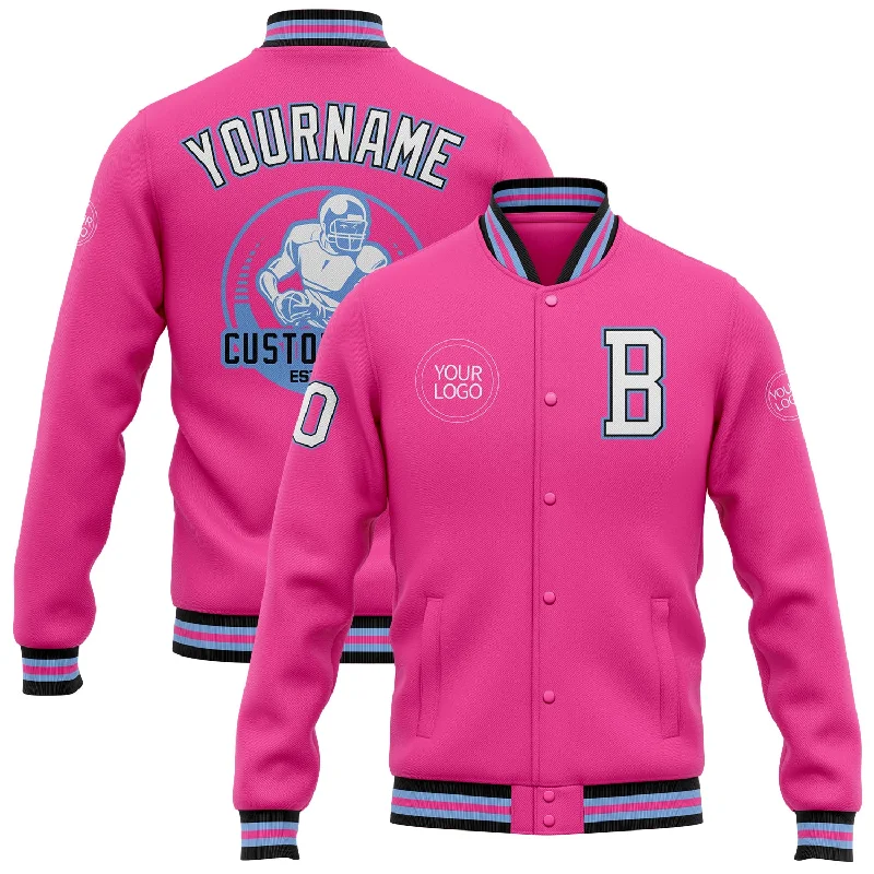 Classic Unisex Fashion Looks Chic & Modern Sales Custom Pink White Light Blue-Black Bomber Full-Snap Varsity Letterman Jacket