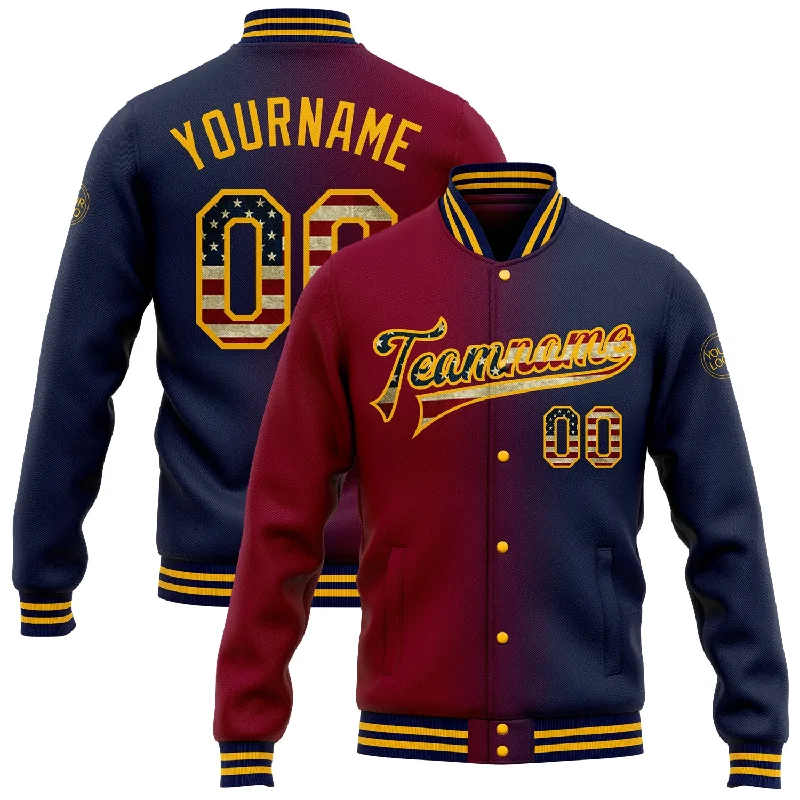 Comfortable Gender-Free Fashion Choices Cozy Comfort Style Sale Custom Navy Vintage USA Flag Maroon-Gold Bomber Full-Snap Varsity Letterman Gradient Fashion Jacket