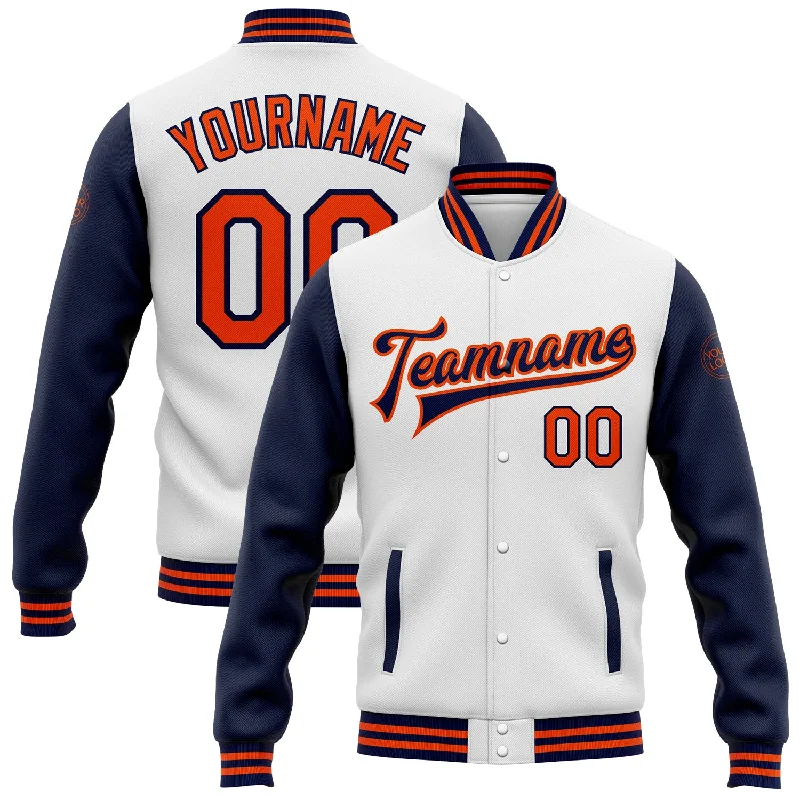 Modern Unisex Wardrobe Staples Urban Elegance Deals Custom White Orange-Navy Bomber Full-Snap Varsity Letterman Two Tone Jacket