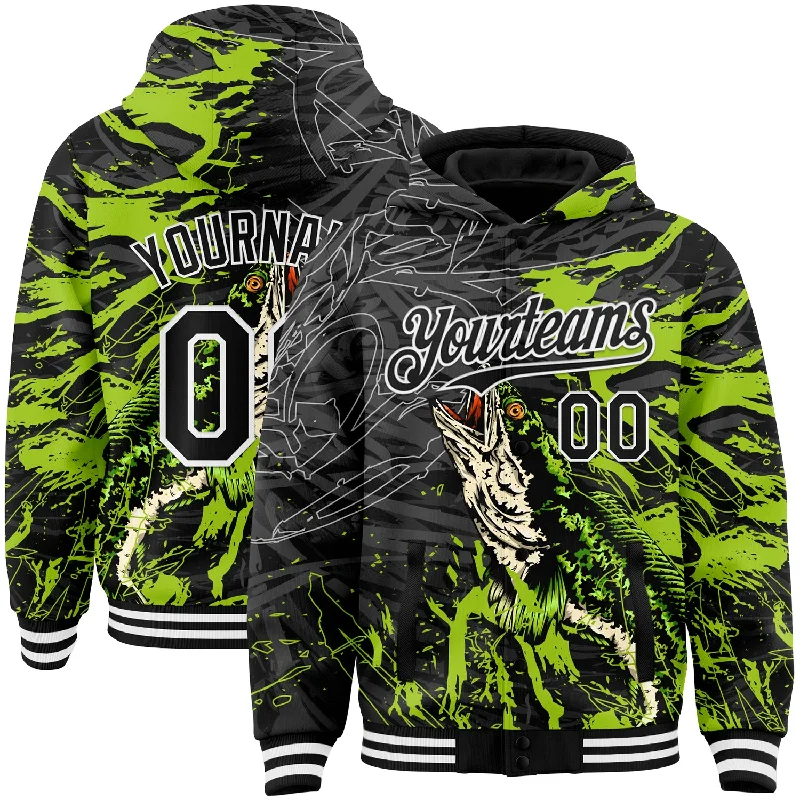 Fashion-Forward Gender-Neutral Outerwear Stylish Looks Custom Black Neon Green-White Snakehead Fish Fishing 3D Bomber Full-Snap Varsity Letterman Hoodie Jacket